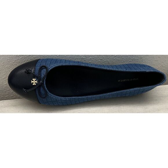 Tory Burch NIB Sz 9 Flats Cap-Toe Quilted Ballet Dark Blue Leather Denim Shoes - Picture 6 of 11